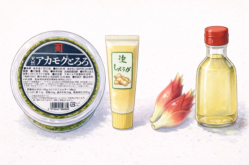 アカモク、生姜、ミョウガ、お酢の最強セット